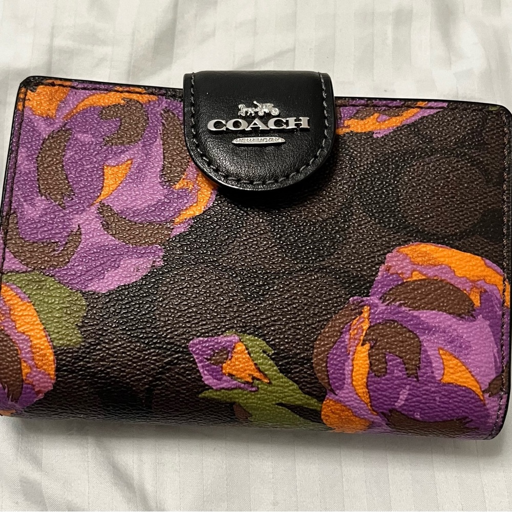 Coach Women's Wallet with Purple and Orange Floral Design